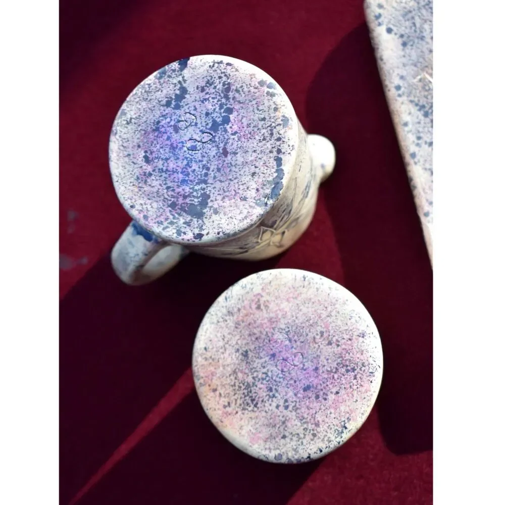 Artisan Stoneware Cream Sugar Tray Set 3 Piece Blue Speckled Wheat Design
